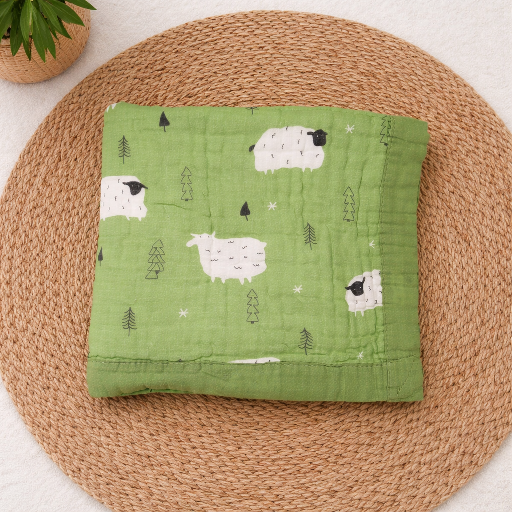 100% Cotton Muslin Baby Blanket 6 Layer Soft Blanket Muslin Blanket for Kids Baby Infants -GREEN SHEEP CODE:NBE